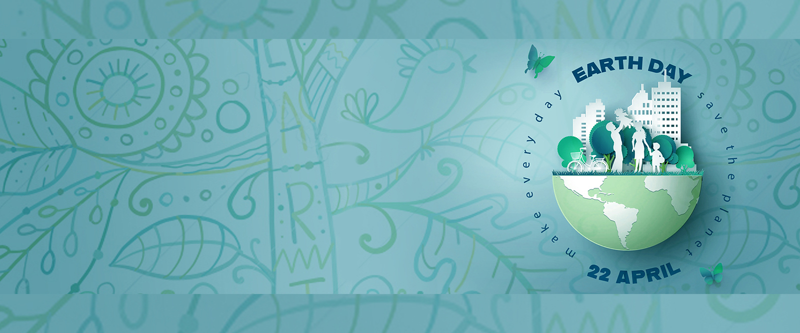 A conceptual rendering of the earth with a paper cut out of a family standing on it against a blue nature themed background.